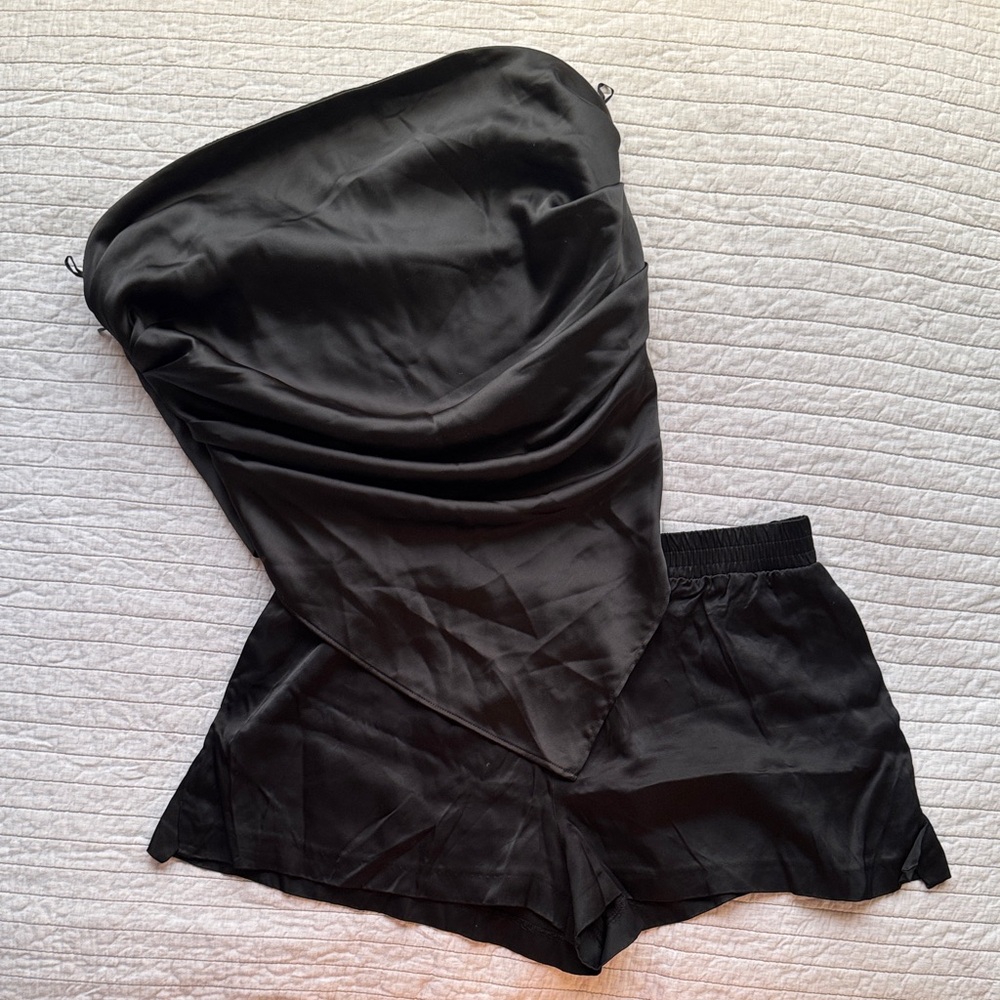 Zara Black Satin Strapless Bandana Top with matching shorts